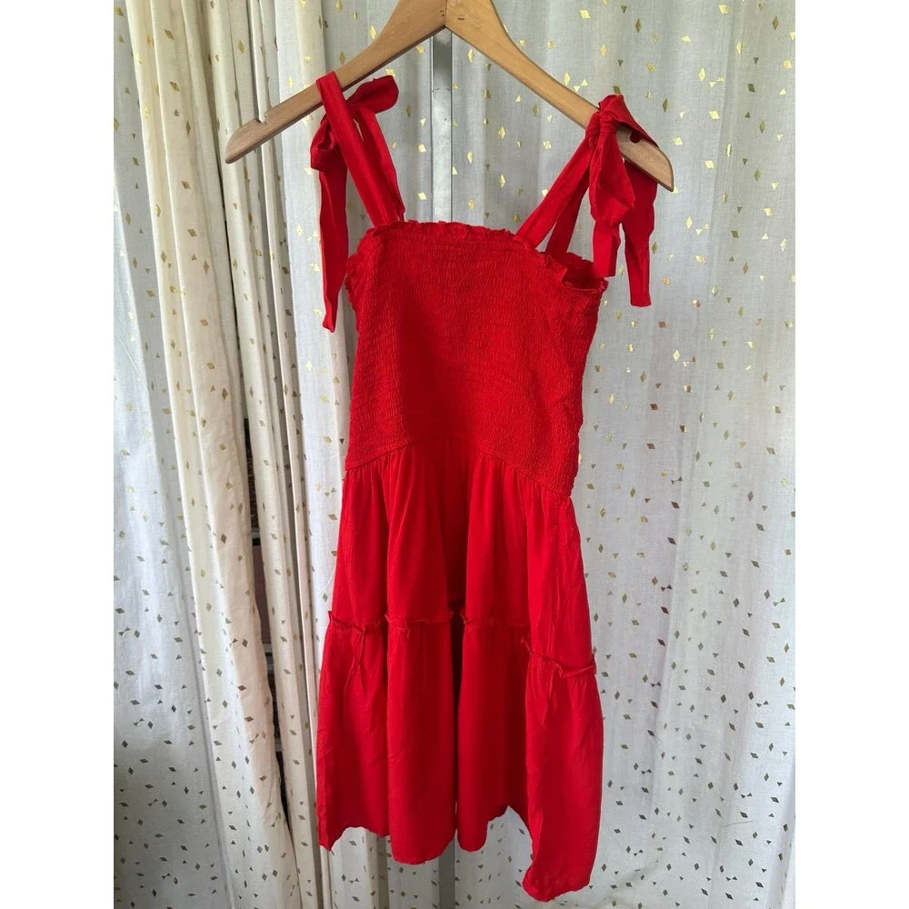Zesica NWT Smocked Self Tie Straps Ruffle Trim Tiered Swing Mini Dress S